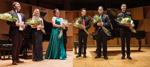 Students on stage hoding bouquets of flowers to celebrate outstanding performances