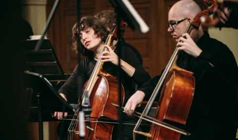 Two musicians playing baroque cello