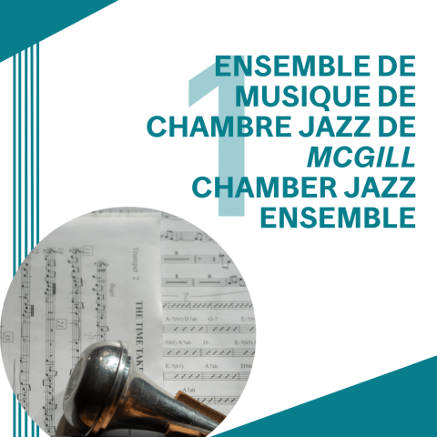 Teal text on white background with close up view of trumpet mute in front of sheets of music