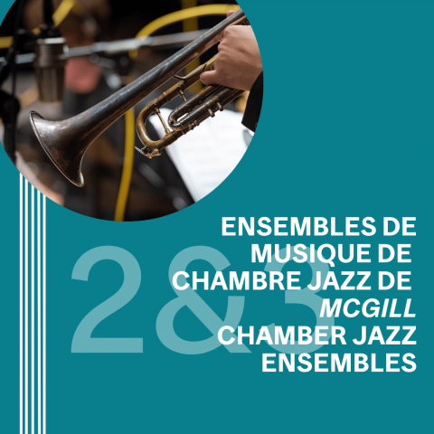 White text on teal background, with close-up of a trumpet being played