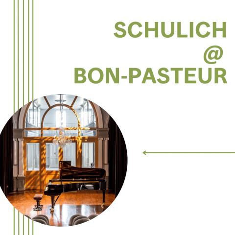 Green text on white background, with piano on stage at the Chapelle historique du Bon-Pasteur