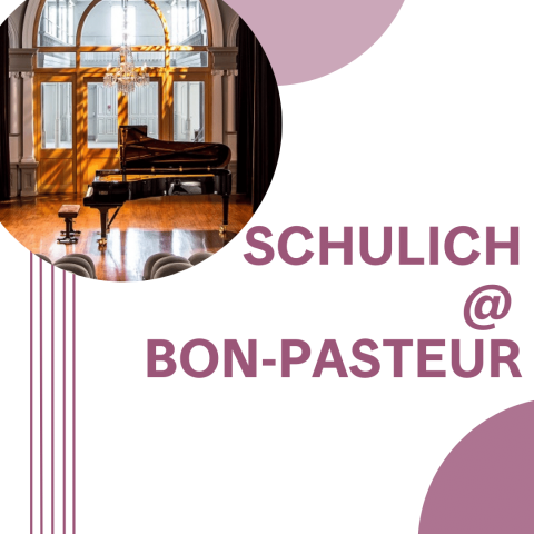 Purple text over white background with piano on stage at la Chapelle historique du bon-pasteur