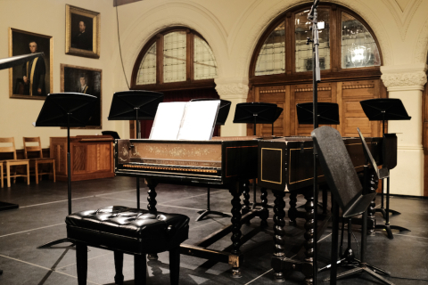The Redpath Hall stage set for a Baroque Orchestra concert