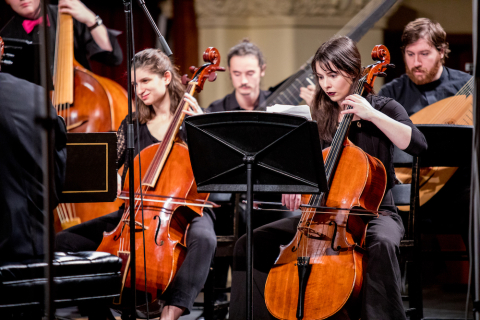 The strings section of the Baroque Orchestra in performance