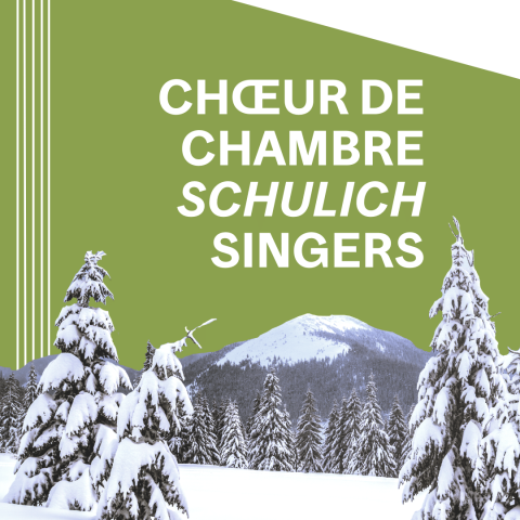 White text on green background with snow covered trees and mountain in the distance