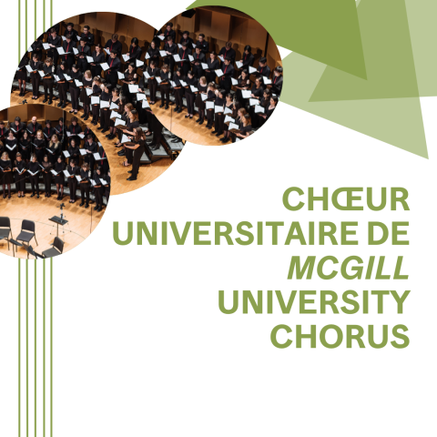 Green text on white background with overhead view of choristers on Pollack Hall stage