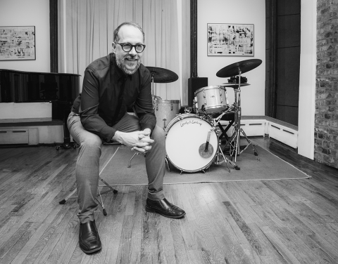 John Hollenbeck with drum kit at Scholes Street Studio, Brooklyn, NY, 2020. 