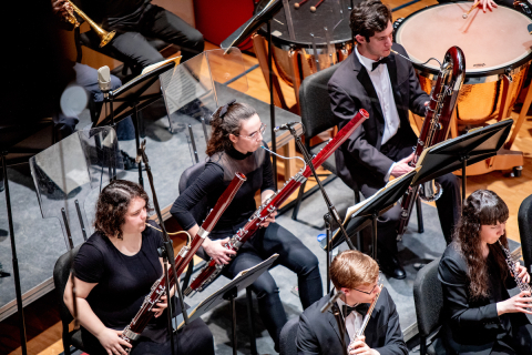 An aerial shot of the bassoon section in Pollack Hall