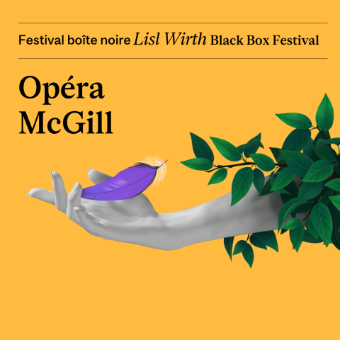 Lisl Wirth Black Box Festival poster, showing a hand emerging from leaves with a feather in it 