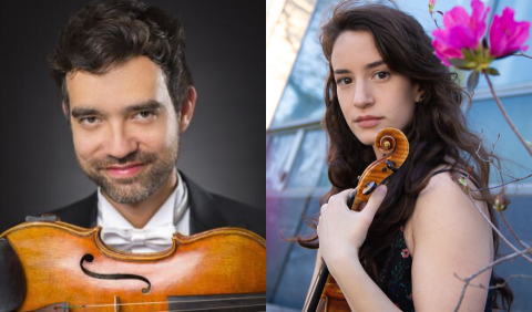 Remi Pelletier holding his viola and Lauren Tyros holding her viola, both in separate photos, smiling at the camera