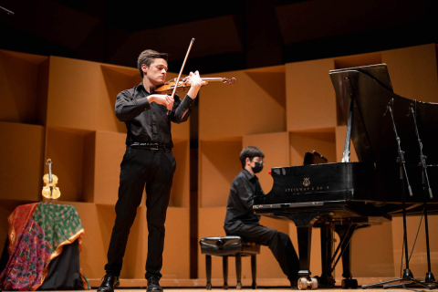 Russell Iceberg, violin and Felix Hong, piano perform on stage at the Golden Violin Award final
