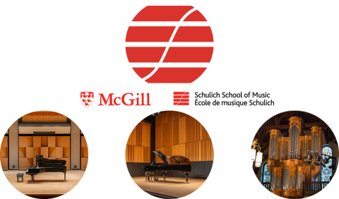 Round images of schulich logo, piano on stage at Pollack Hall, piano on stage at Tanna Schulich Hall,  and organ at Redpath Hall