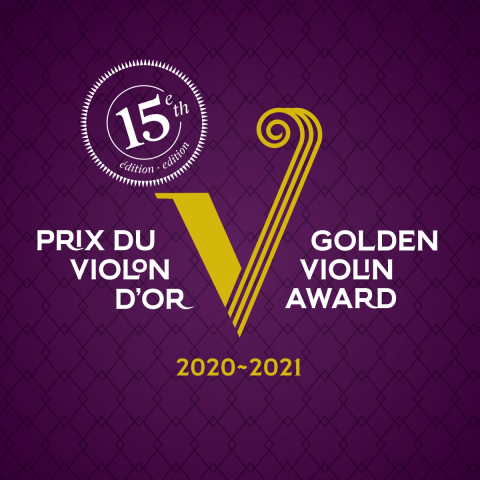 White text on purple background along with golden V logo