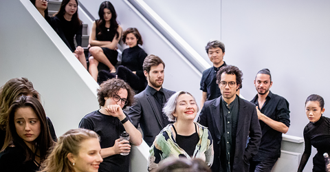 students gathered in stairway