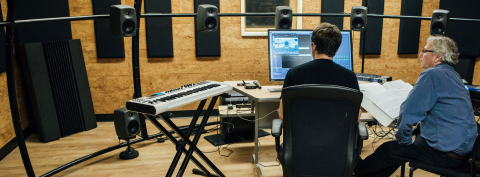 Prof. Philippe Leroux working with a student in the Digital Composition Studios, Schulich School of Music, McGill University