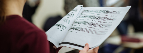 Close-up of renaissance notation being used by a student in class, Schulich School of Music, McGill University