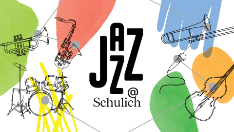 Jazz at Schulich text with  line drawings  of various instruments on a white background with some flourishes of colour