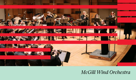 Photo of the McGill Wind Orchestra with red lines graphic