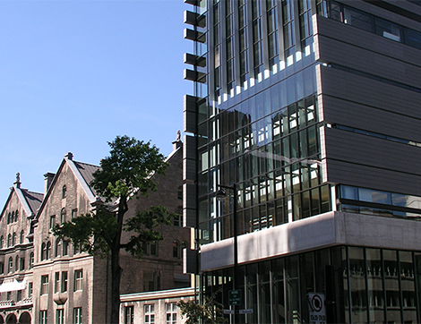 Front view of Schulich School of Music buildings