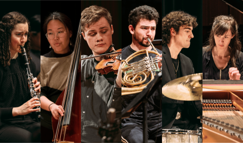 Grid of musicians from left to right: clarinetist, double bassist, violinist, tuba player, drummer, pianist