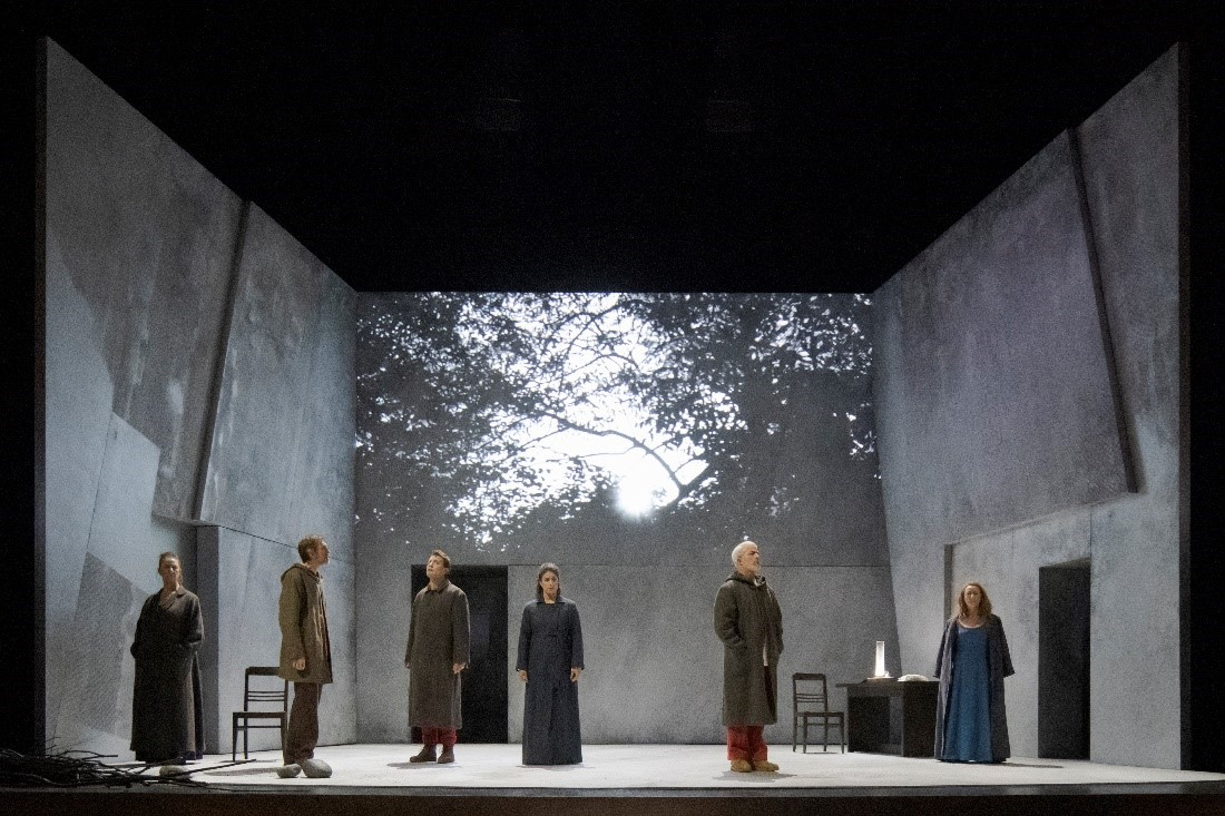 Opera performers on stage, performing Philippe Leroux's production