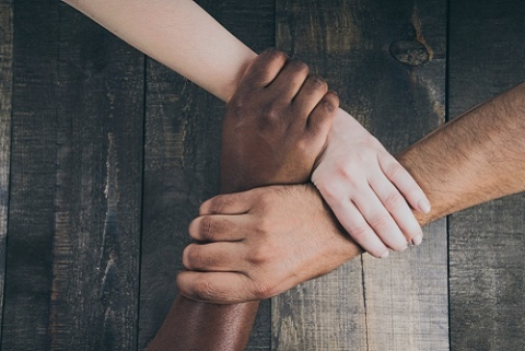 Three people holding hands, depicting Equity, Diversity and Inclusion 