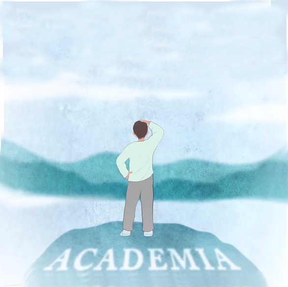 decorative image: person looking into the distance on a rock that says "academia"