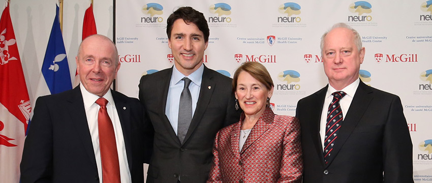 (Left to right) Toronto business leader Larry Tanenbaum, Prime Minister Justin Trudeau, Principal Suzanne Fortier and Montreal Neurological Institute director Guy Rouleau were on hand for the official launch of the new Tanenbaum Open Science Institute on December 16 (Photo: Owen Egan)