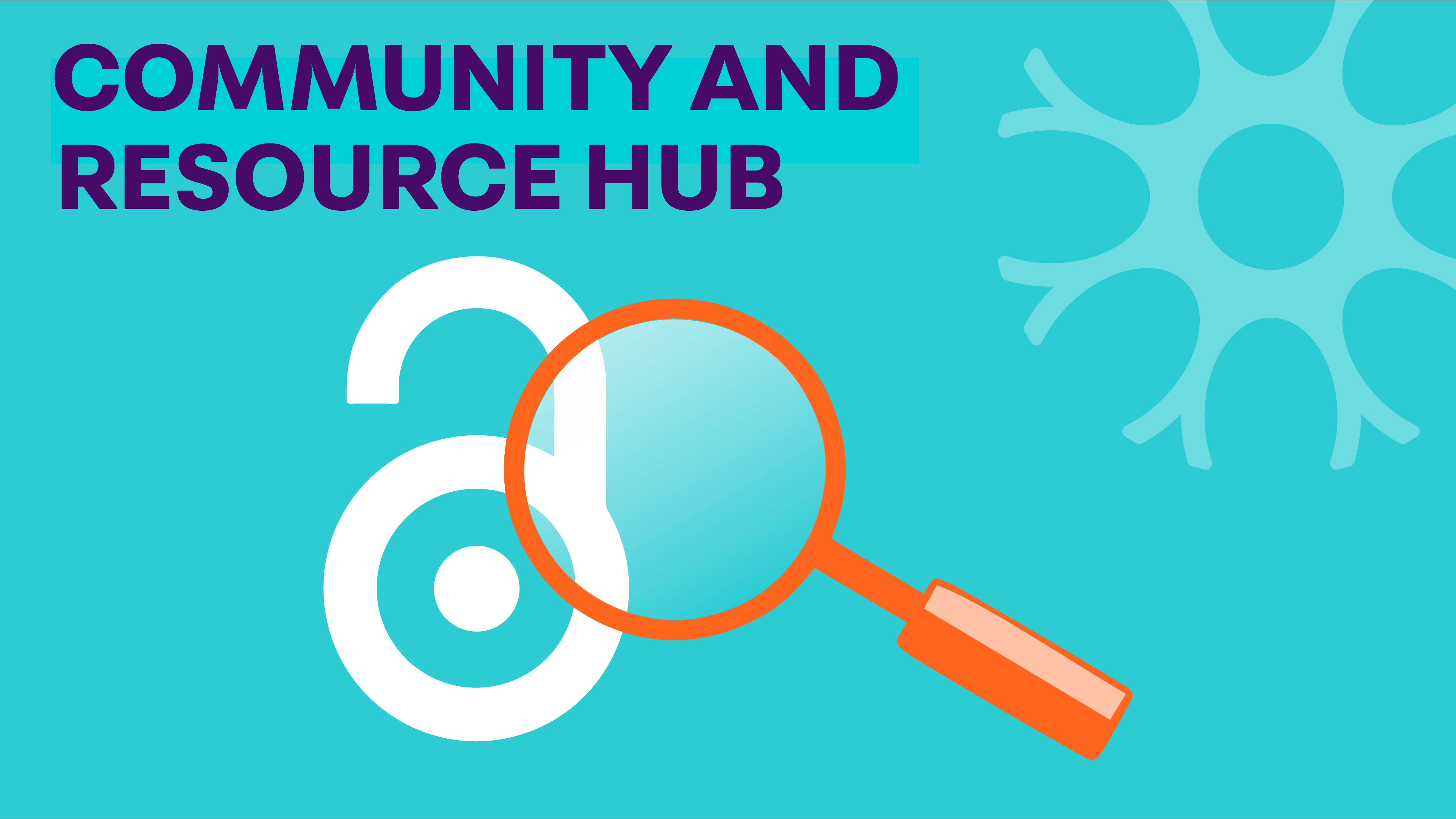 Icon with the text "Community and Resource Hub" and a magnifying glass over a lock. 