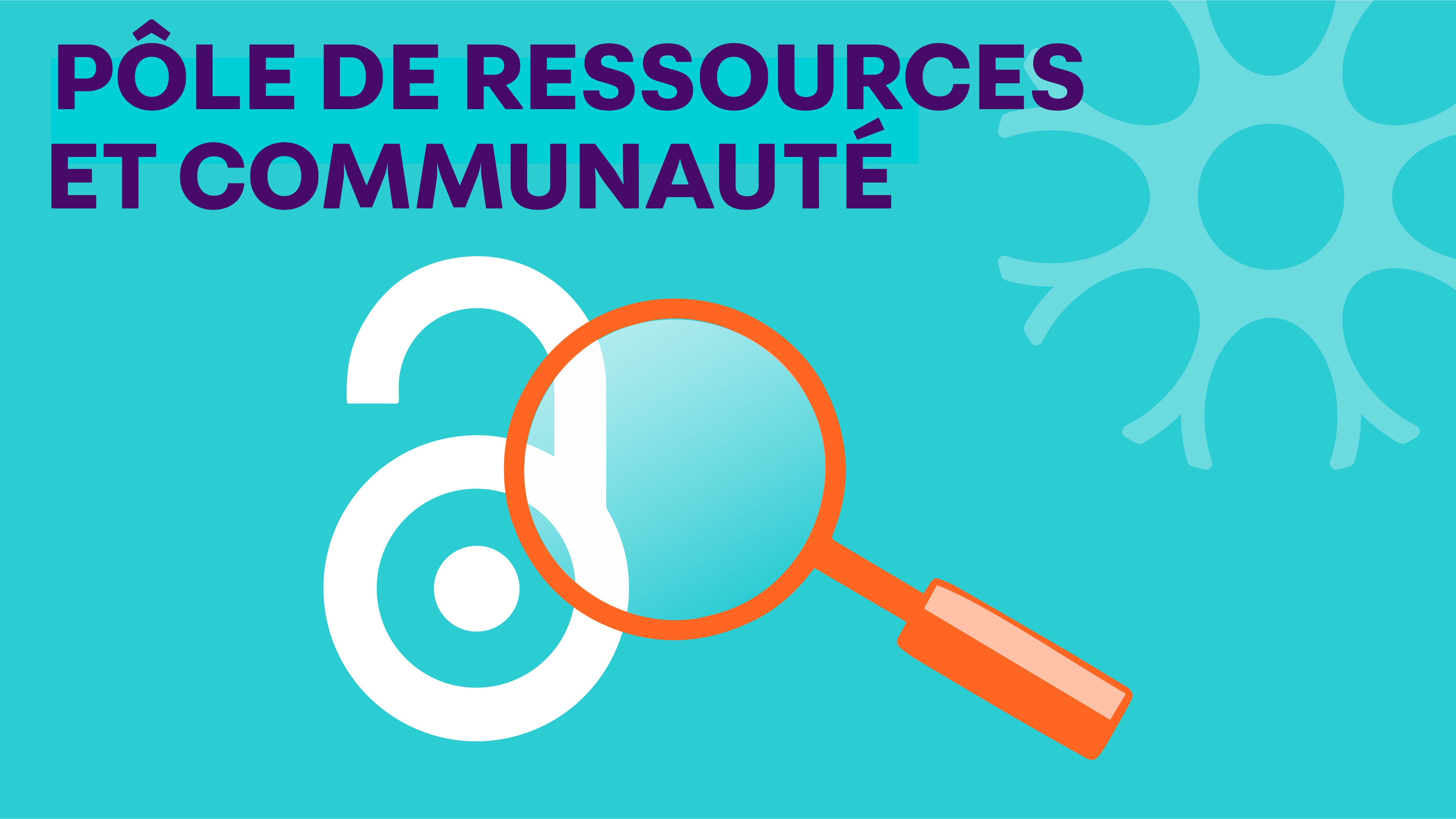 Icône avec le texte "Community and Resource Hub" et une loupe au-dessus d'un cadenas.