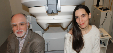 Robert Zatorre, Professor of Neurology and Neurosurgery at McGill University, and PhD candidate Emily Coffey at the MEG lab of the Montreal Neurological Institute and Hospital. 