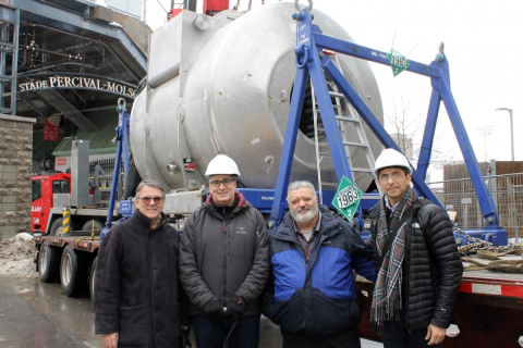 From left, Julien Doyon, Director of the McConnell Brain Imaging Centre, Richard Hoge, researcher and Director of the MRI Unit, Amir Shmuel, researcher at The Neuro and expert in ultra-high field brain imaging, and Samer Shafik, project manager with SDI, at the installation of the 7T MRI on Feb. 5. 