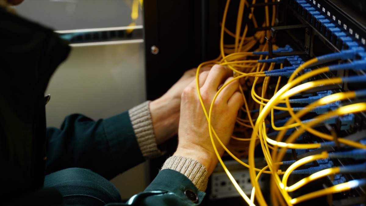 Fiber optic patch panel showing many optical connections to/from the Internet.