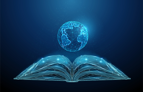 A digital rendering of an open book with planet Earth hovering above the pages.