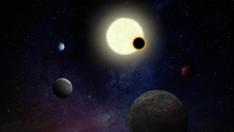 Artist impression of an exoplanet system. Credit: ESA, CC BY-SA 3.0 IGO / Impression d'artiste d'un système d'exoplanètes. Image : ASE, CC BY-SA 3.0 IGO