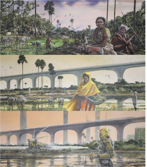 The Indian subcontinent: The top image is a busy agrarian village scene of rice planting, livestock use, and social life. The second is a present-day scene showing the mix of traditional rice farming and modern infrastructure present in many areas of the Global South. The bottom image shows a future of heat-adaptive technologies including robotic agriculture and green buildings with minimal human presence due to the need for personal protective equipment. Credit: James McKay, CC BY-ND, The Conversation