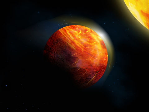Artist’s impression of the lava planet K2-141b. At the center of the large illuminated region there is an ocean of molten rock overlain by an atmosphere of rock vapour. Supersonic winds blow towards the frigid and airless nightside, condensing into rock rain and snow, which sluggishly flow back to the hottest region of the magma ocean.