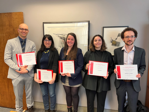 Winners of the 2023 Principal's Prize for Public Engagement through Media. From left to right - Sébastien Jodoin (Changemaker), Maria Popova (Established Academics), Alexandra Ketchum (Emerging Researchers), Camille Zeitouni on behalf of Sex[M]ed (Groups) and Mathieu Lavigne (Graduate Students and Postdoctoral Fellows). 