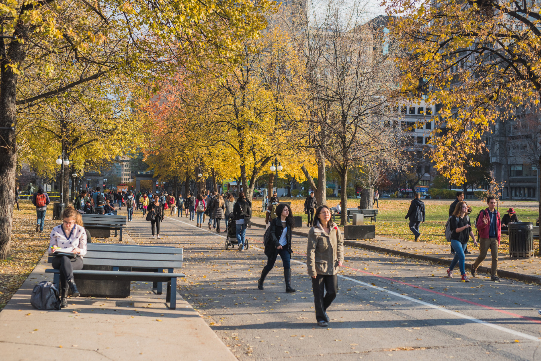 Students walking on campus in the Fall