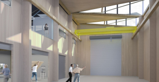Conceptual design rendering of BARN interior high-bay fabrication space.