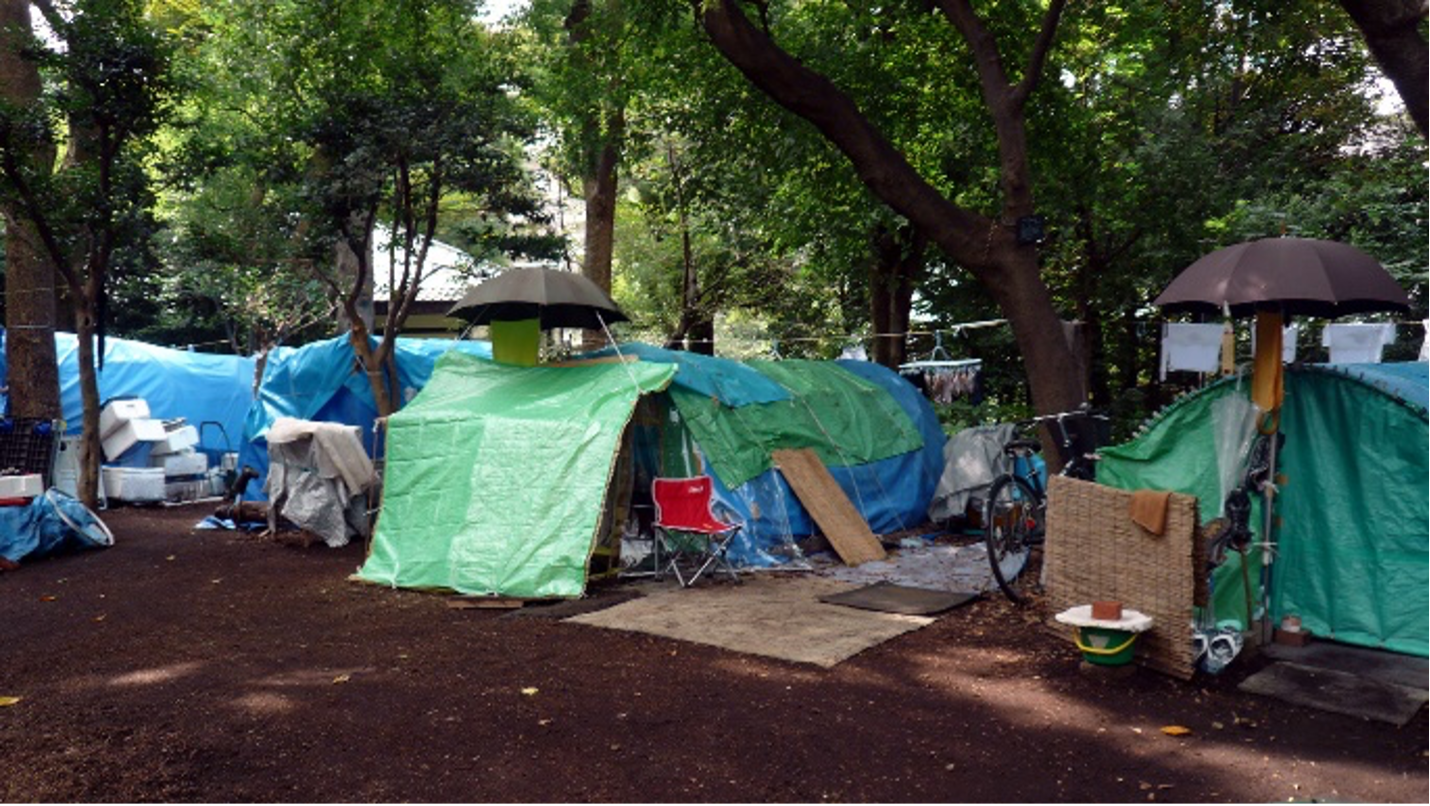 Real life homeless encampment in Tokyo park.