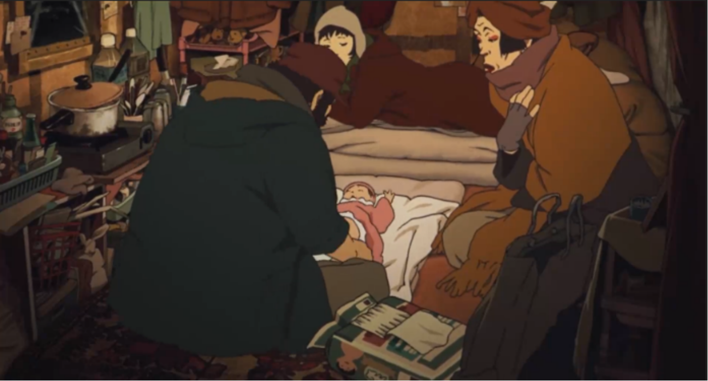 Godfathers surrounding the baby in their shelter.