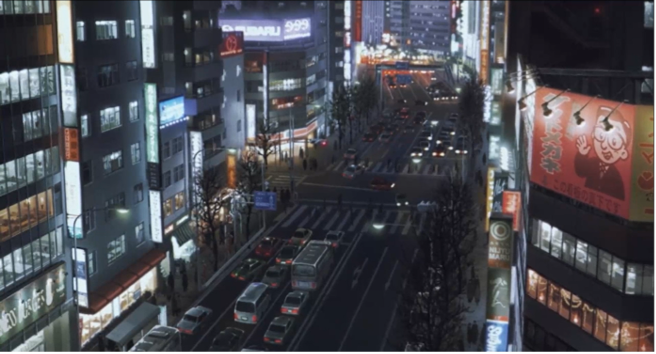 Tokyo animation at night. City street.