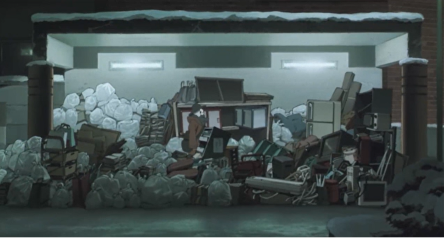 Trash pile illuminated at night
