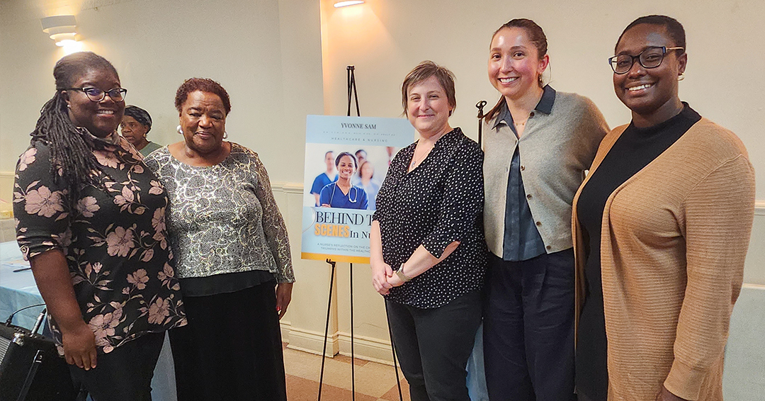 Yvonne Sam, (second from left) at the book launch, with (left to right) Ingram School of Nursing faculty Kimani Daniel, Amanda Cervantes, Josee Lavallee and Anne-Laurie Beaubrun