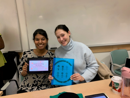 Archana Kanagassai and Victoria Madejchuk with the interactive materials they created for clients with special needs at the Galileo School.