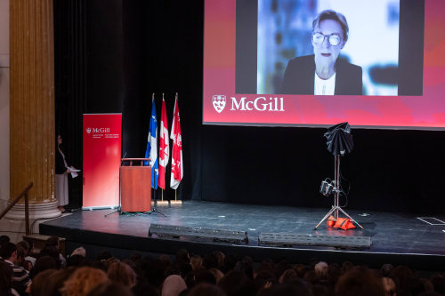 Fiona Hanley gives keynote address via Zoom at the Nursing Professionalism Ceremony on September 28, 2023.