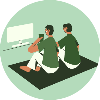 an illustration of two people eating while watching television