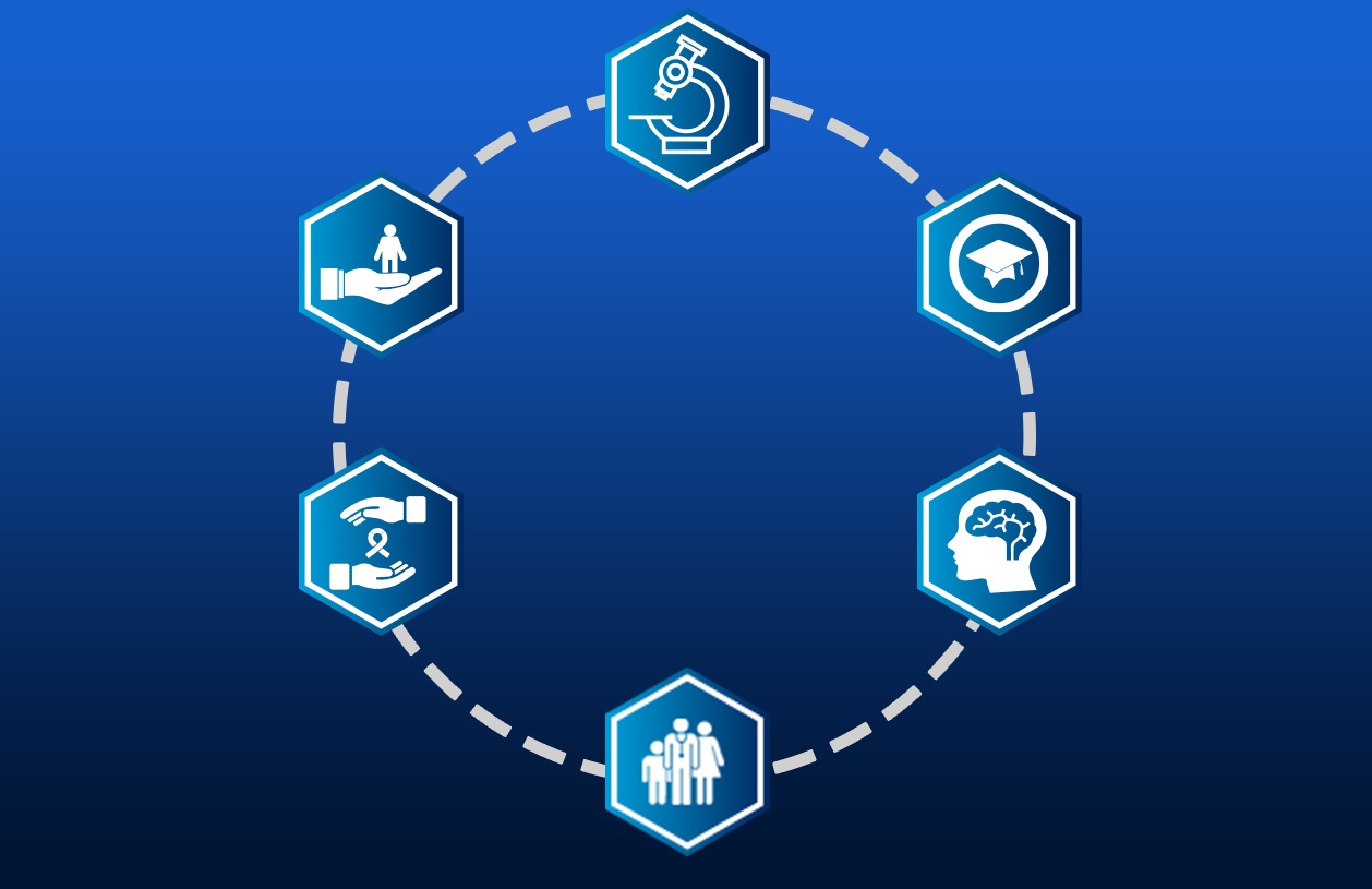 Circle of icons representing integration of research, health care, education and policy