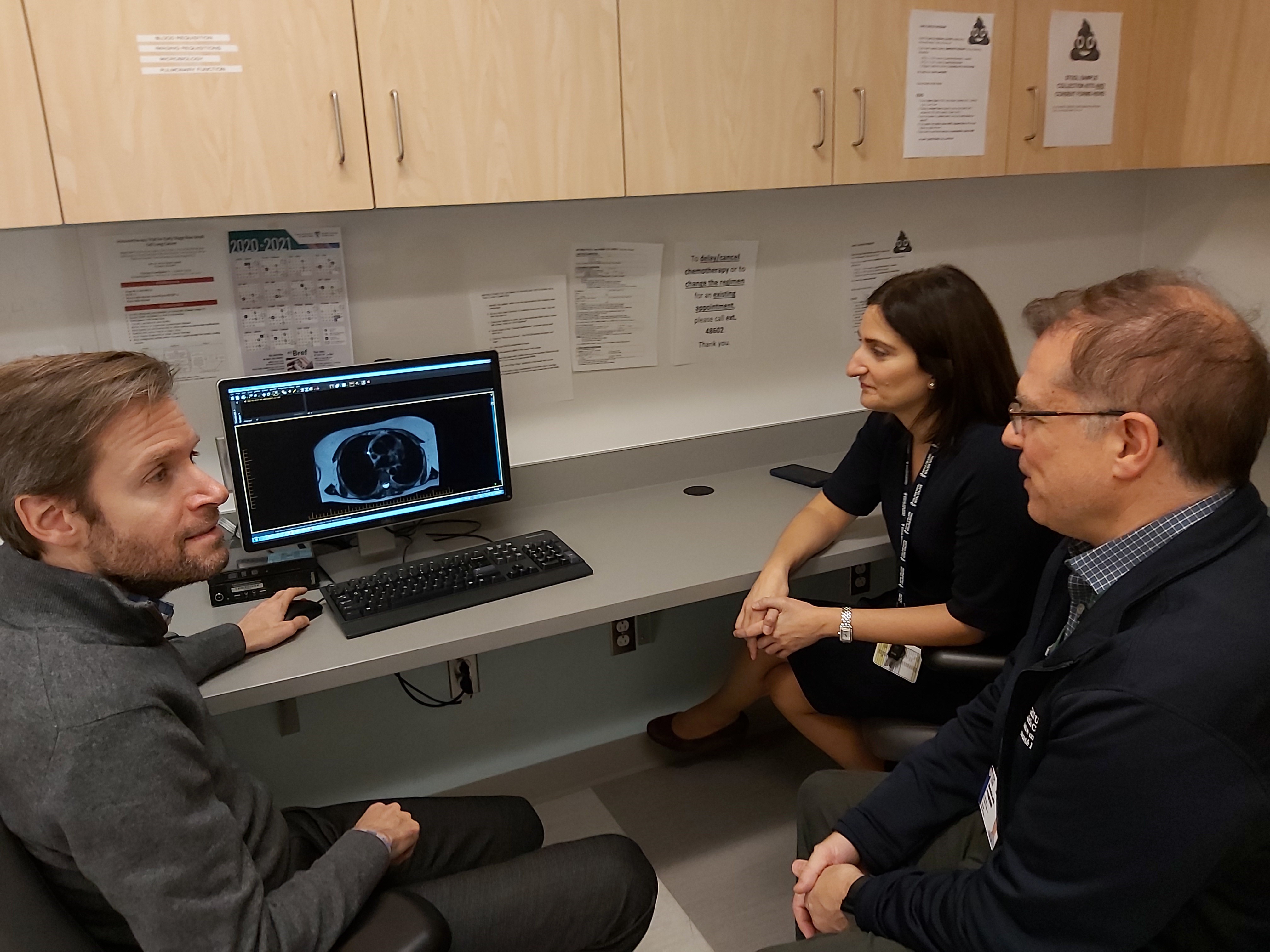 Radiation oncologists and medical physicist looking at image on screen